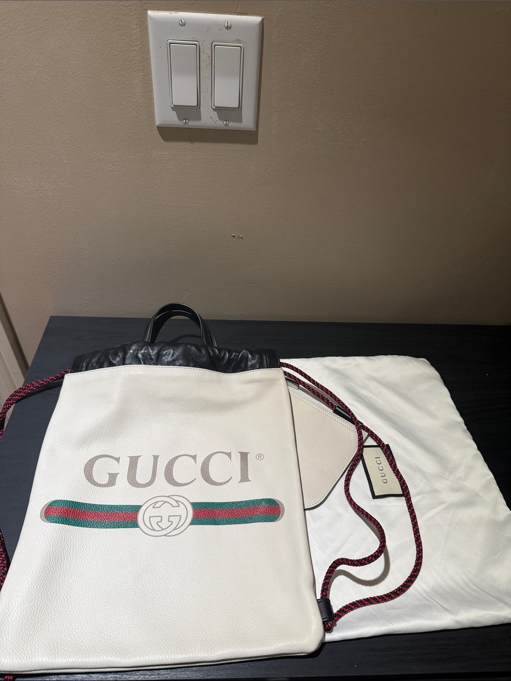 Gucci White Leather Logo Drawstring Backpack with Green & Red Web